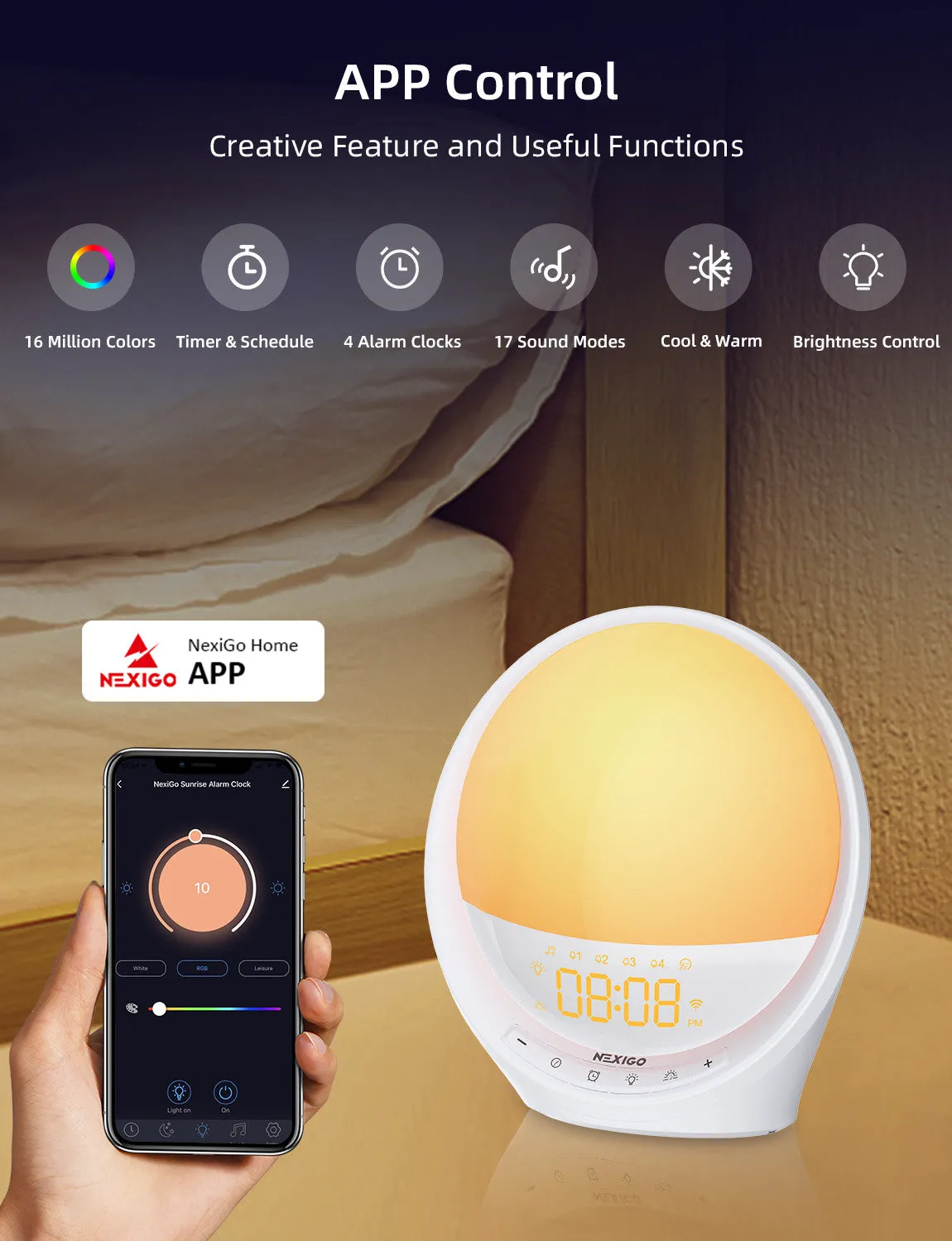 NexiGo LT10S wake-up light zonsopgang 17 geluiden